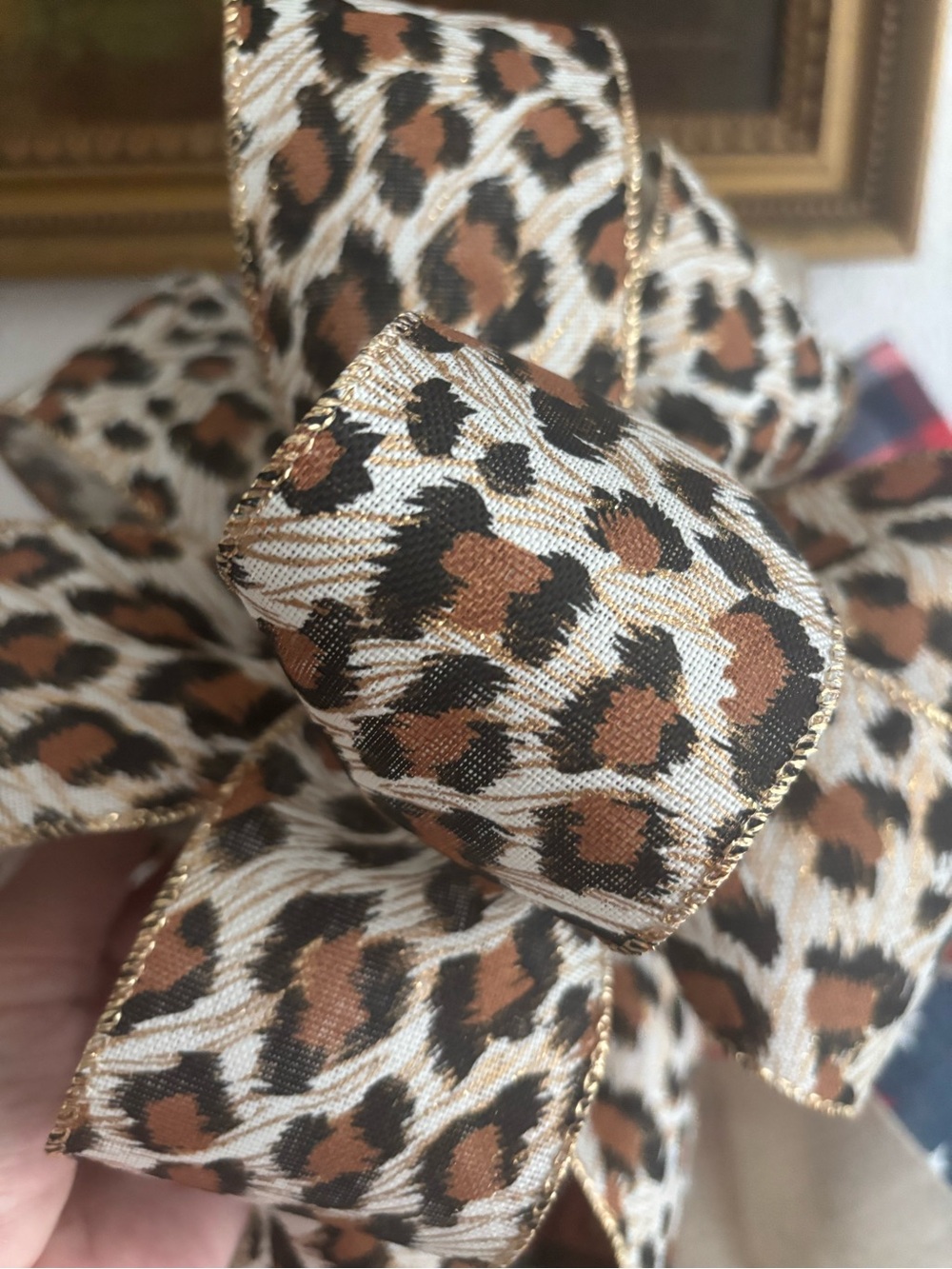 Leopard Print Handmade Wired Bow - Brown Black Gold Trim Custom Bow Final Sale - Picture 4 of 5
